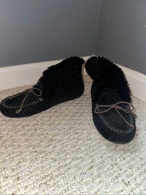UGG Black Suede Shearling Moccasin Slippers